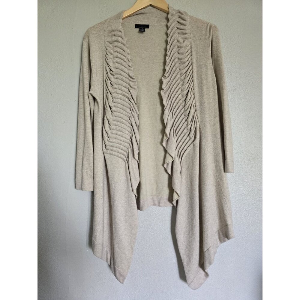 Line Open Front Cardigan Sweater Beige Ruffle Trim Long Sleeve Casual